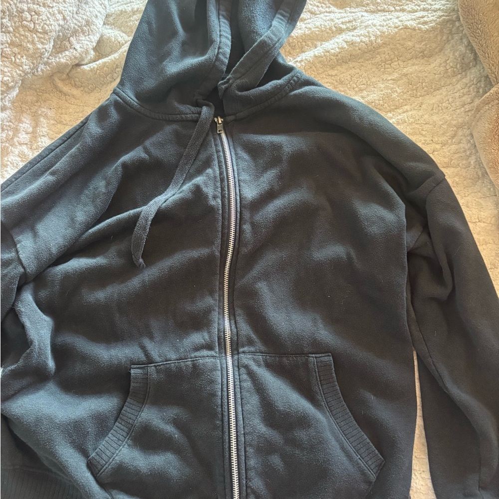 Hippie Rose Black Zip Hoodie with Silver Hardware